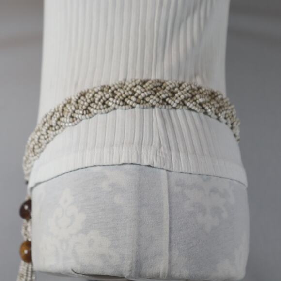 Vintage Belt Braided Strands Of Beige Brown Glass Beads Button Toggle Tassel - Picture 2 of 11